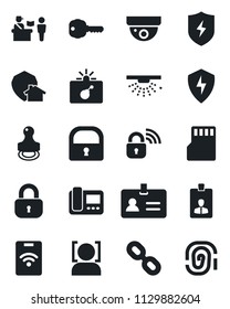 Set of vector isolated black icon - passport control vector, bomb in case, identity, card, chain, protect, sd, lock, face id, stamp, key, wireless, intercome, home, pass, surveillance, sprinkler