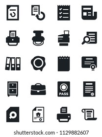 Set of vector isolated black icon - passport vector, document search, notepad, reload, stamp, printer, case, news, checklist, paper binder, archive box, copier, contract, estate, certificate