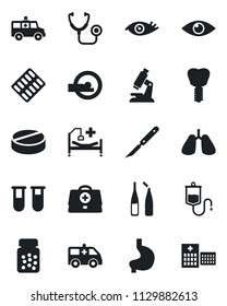 Set of vector isolated black icon - doctor case vector, stethoscope, blood test vial, dropper, microscope, pills, bottle, blister, ampoule, scalpel, tomography, ambulance car, hospital bed, stomach