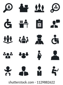 Set of vector isolated black icon - baby vector, pedestal, team, manager place, disabled, pregnancy, client, speaker, group, user, identity card, desk, meeting, company, waiter, cook