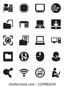 Set of vector isolated black icon - no laptop vector, mouse, desk, notebook pc, support, folder document, tv, network, share, download, wireless, chip, eye scan, man with