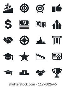 Set of vector isolated black icon - dollar sign vector, graduate, finger up, target, handshake, career ladder, police, arrow graph, pennon, crisis, cash, certificate, pedestal, award cup