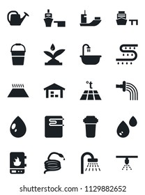 Set of vector isolated black icon - shower vector, watering can, bucket, water drop, hose, drip irrigation, sea shipping, port, warehouse, bathroom, heater, filter, warm floor, sprinkler