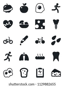 Set of vector isolated black icon - seeds vector, heart pulse, dropper, bike, run, lungs, tooth, implant, clipboard, diet, salad, bread, omelette, apple fruit, cheese