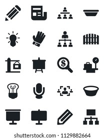 Set of vector isolated black icon - luggage scales vector, hierarchy, presentation board, pencil, glove, microphone, news, hr, fence, crane, bowl, bulb, money search