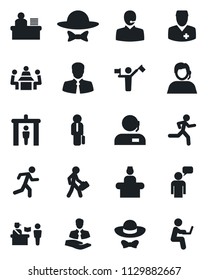 Set of vector isolated black icon - dispatcher vector, passport control, security gate, reception, speaking man, run, doctor, support, client, manager desk, meeting, dress code, with notebook