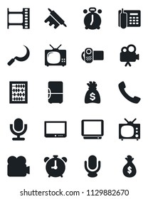 Set of vector isolated black icon - alarm clock vector, abacus, money bag, sickle, film frame, tv, video camera, microphone, call, office phone, rolling pin, fridge