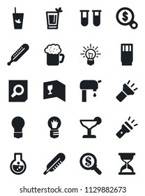 Set of vector isolated black icon - document search vector, bulb, blood test vial, thermometer, torch, water supply, wine card, drink, cocktail, phyto bar, beer, money, idea, flask, sand clock