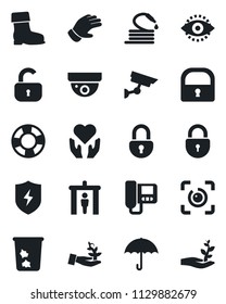 Set of vector isolated black icon - security gate vector, trash bin, lock, glove, boot, hose, heart hand, umbrella, protect, eye id, intercome, surveillance, palm sproute, crisis management