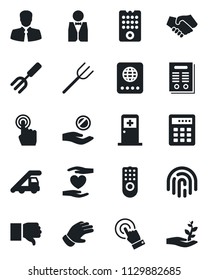 Set of vector isolated black icon - passport vector, ladder car, medical room, garden fork, farm, glove, heart hand, client, touch screen, finger down, fingerprint id, contract, waiter, handshake
