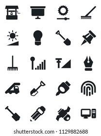 Set of vector isolated black icon - ladder car vector, presentation board, bulb, job, shovel, rake, well, satellite, hdmi, brightness, fingerprint id, cellular signal, drawing pin, ink pen, pencil