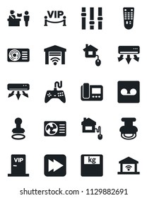 Set of vector isolated black icon - passport control vector, stamp, scales, gamepad, settings, remote, fast forward, record, air conditioner, vip zone, home, intercome, garage gate