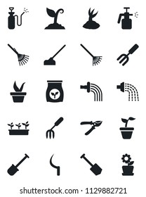 Set of vector isolated black icon - job vector, garden fork, shovel, rake, seedling, watering, sproute, pruner, hoe, sickle, sprayer, fertilizer, flower in pot