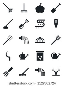 Set of vector isolated black icon - garden fork vector, shovel, farm, rake, watering can, hoe, sickle, plant label, pumpkin, greenhouse, seeds, drip irrigation
