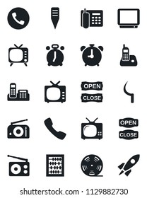 Set of vector isolated black icon - alarm clock vector, phone, abacus, sickle, plant label, reel, radio, tv, call, office, open close, rocket