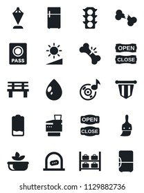 Set of vector isolated black icon - ticket office vector, passport, luggage storage, pennant, water drop, bench, broken bone, traffic light, low battery, themes, brightness, music, copier, salad