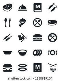 Set of vector isolated black icon - spoon and fork vector, dish, cafe, menu, plates, waiter, steak, kebab, hamburger, bowl, sushi