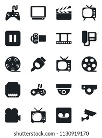 Set of vector isolated black icon - clapboard vector, film frame, reel, tv, gamepad, video camera, pause button, hdmi, record, web, intercome, surveillance