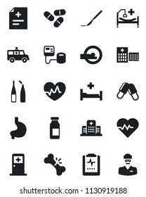 Set of vector isolated black icon - medical room vector, heart pulse, diagnosis, blood pressure, pills, ampoule, scalpel, tomography, ambulance car, hospital bed, stomach, broken bone, clipboard