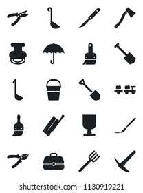 Set of vector isolated black icon - suitcase vector, baggage larry, job, farm fork, bucket, pruner, axe, scalpel, fragile, umbrella, themes, stamp, ladle, case, hard work