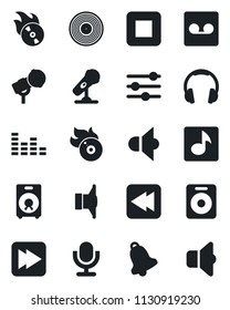 Set of vector isolated black icon - vinyl vector, flame disk, microphone, speaker, equalizer, headphones, stop button, fast forward, rewind, tuning, bell, record, music, sound