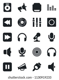 Set of vector isolated black icon - vinyl vector, microphone, loudspeaker, settings, equalizer, headphones, speaker, pause button, fast forward, rewind, hdmi, record, sound