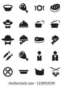 Set of vector isolated black icon - waiter vector, dish, cafe, dress code, chicken, steak, kebab, ham, bowl, steaming pan, sushi