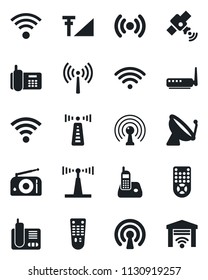 Set of vector isolated black icon - antenna vector, satellite, office phone, radio, remote control, wireless, cellular signal, router, garage gate