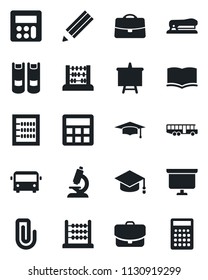 Set of vector isolated black icon - airport bus vector, book, graduate, abacus, presentation board, microscope, calculator, case, paper clip, pencil, stapler