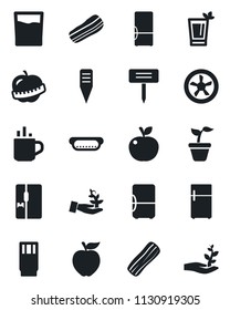 Set of vector isolated black icon - hot cup vector, seedling, plant label, diet, fridge, drink, phyto bar, bacon, dog, apple fruit, fan, palm sproute