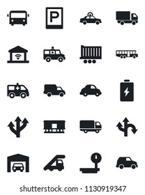 Set of vector isolated black icon - airport bus vector, parking, alarm car, ladder, ambulance, route, truck trailer, delivery, heavy scales, railroad, garage, gate control, battery