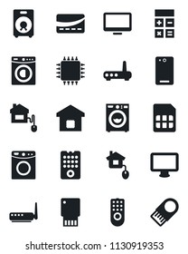 Set of vector isolated black icon - calculator vector, monitor, speaker, phone back, sim, washer, smart home, credit card, control, chip, remote, router, usb flash