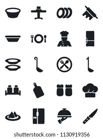 Set of vector isolated black icon - fridge vector, cook, restaurant table, serviette, cafe, hat, plates, waiter, salt and pepper, ladle, bowl, rolling pin, cutting board, knife