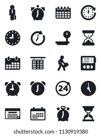 Set of vector isolated black icon - 24 around vector, alarm clock, flight table, calendar, heavy scales, stopwatch, manager, schedule, sand