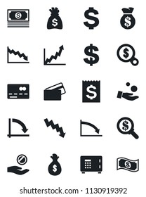 Set of vector isolated black icon - credit card vector, safe, dollar sign, money bag, crisis graph, cash, receipt, growth, search, investment