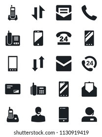 Set of vector isolated black icon - mobile phone vector, office, 24 hours, cell, radio, mail, call, data exchange, support