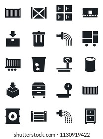 Set of vector isolated black icon - trash bin vector, checkroom, watering, truck trailer, cargo container, consolidated, package, oil barrel, heavy scales, railroad, archive box