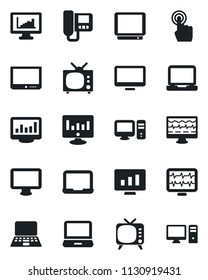 Set of vector isolated black icon - notebook pc vector, statistic monitor, pulse, tv, touch screen, laptop, statistics, intercome