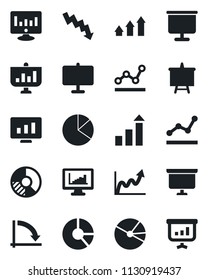 Set of vector isolated black icon - growth statistic vector, presentation board, crisis graph, monitor, circle chart, statistics, pie, point, arrow up