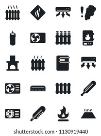 Set of vector isolated black icon - fire vector, fireplace, thermometer, heater, air conditioner, candle, water, smoke detector, radiator, warm floor
