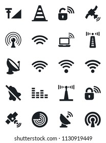 Set of vector isolated black icon - antenna vector, wireless notebook, border cone, radar, satellite, equalizer, mute, cellular signal, lock