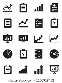 Set of vector isolated black icon - growth statistic vector, monitor, diagnosis, pulse clipboard, bar graph, pie, checklist, point, presentation