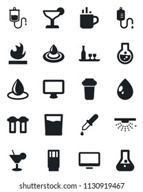 Set of vector isolated black icon - hot cup vector, water drop, dropper, flammable, monitor, alcohol, drink, cocktail, filter, sprinkler, flask