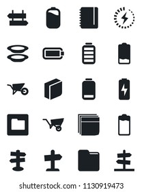 Set of vector isolated black icon - signpost vector, notepad, wheelbarrow, battery, low, folder, charge, blank box, plates, guidepost