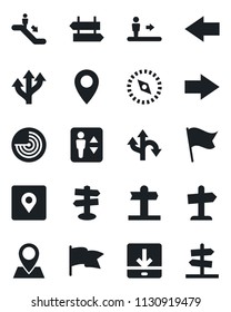 Set of vector isolated black icon - elevator vector, escalator, signpost, right arrow, left, radar, route, pin, download, place tag, compass, flag, guidepost