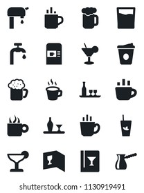 Set of vector isolated black icon - hot cup vector, coffee machine, water supply, alcohol, wine card, drink, cocktail, phyto bar, beer, turkish
