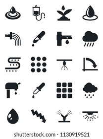 Set of vector isolated black icon - crisis graph vector, watering, water drop, rain, drip irrigation, dropper, menu, supply, sprinkler