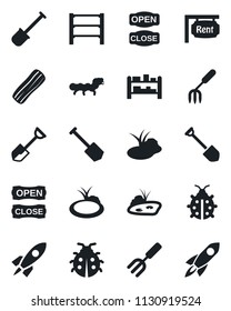 Set of vector isolated black icon - job vector, garden fork, shovel, lady bug, caterpillar, pond, rack, rent, bacon, open close, rocket