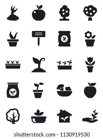 Set of vector isolated black icon - flower in pot vector, seedling, tree, sproute, plant label, fertilizer, fruit, salad, apple, eco house, palm