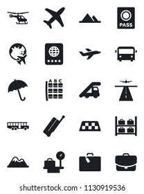 Set of vector isolated black icon - runway vector, taxi, suitcase, airport bus, umbrella, passport, ladder car, helicopter, seat map, luggage storage, scales, plane globe, mountains, case